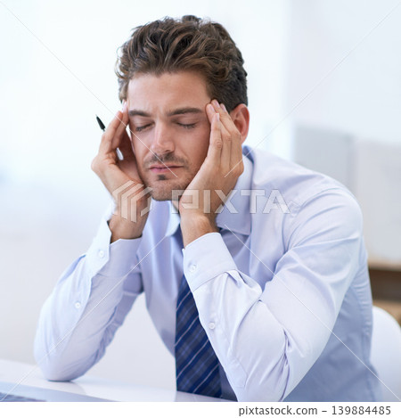 Fatigue, headache and business man with pain, stress and anxiety for overwork in office. Migraine, depression and professional massage temples for burnout, sick and tired person frustrated in company Fatigue, headache and business man with pain, stress and anxiety for overwork in office. Migraine, depression and professional massage temples for burnout, sick and tired person frustrated in company 139884485