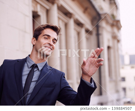 Business travel, happy man and taxi hand sign. in a city for morning commute, signal or gesture outdoor. Finger, emoji or lawyer with symbol for metro transportation, cab or bus, service or chauffeur 139884507