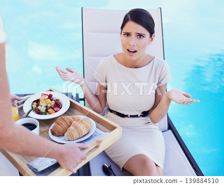Woman, customer and angry with food service, frustrated and poor quality with complain and review. Client, swimming pool and lady upset with meal or hospitality industry with wrong order or feedback 139884510