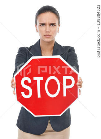 Business woman, portrait and stop sign in protest, emergency or warning on a white studio background. Concerned or frustrated female person or employee with shape, icon or symbol for danger or signal 139884522