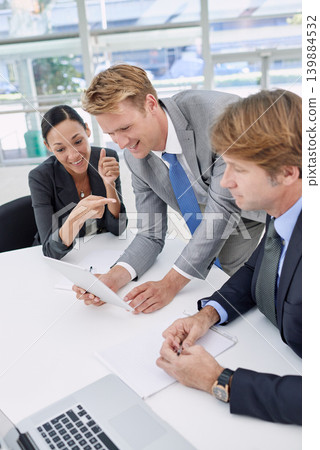 Business people, tablet and research for finance in office, collaboration and unity for proposal. Coworkers, workplace and teamwork or accountants for planning, support and paperwork for budget Business people, tablet and research for finance in office, collaboration and unity for proposal. Coworkers, workplace and teamwork or accountants for planning, support and paperwork for budget 139884532