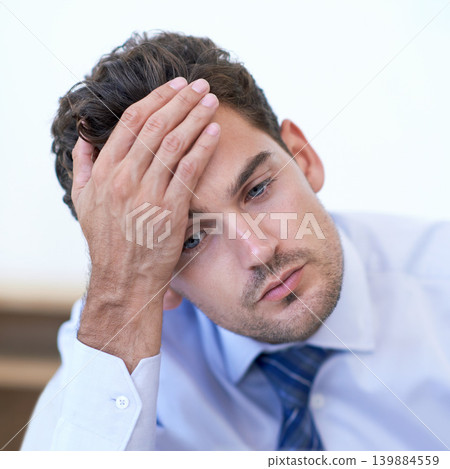 Headache, stress and business man with burnout, tired or anxiety for financial crisis in office. Frustrated, depression and serious professional with fatigue, thinking or fail with regret for mistake Headache, stress and business man with burnout, tired or anxiety for financial crisis in office. Frustrated, depression and serious professional with fatigue, thinking or fail with regret for mistake 139884559