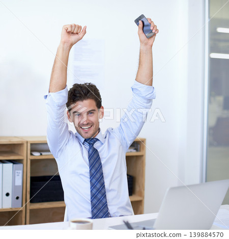 Businessman, portrait and celebration for good news or achievement or opportunity, deal or promotion. Male person, face and arms up at laptop as financial consultant or win, congratulations or target Businessman, portrait and celebration for good news or achievement or opportunity, deal or promotion. Male person, face and arms up at laptop as financial consultant or win, congratulations or target 139884570