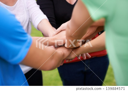 Group, teamwork and hands together in unity for collaboration, support or trust in nature. Closeup of people or community piling for love, care or outdoor agreement in solidarity, mission or goals Group, teamwork and hands together in unity for collaboration, support or trust in nature. Closeup of people or community piling for love, care or outdoor agreement in solidarity, mission or goals 139884571