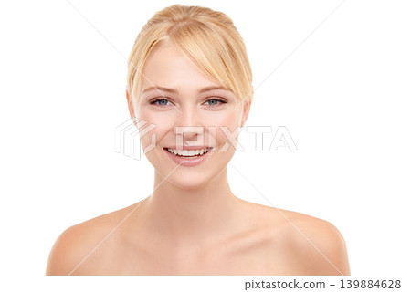Skincare, happy and portrait of woman in studio with natural, health and beauty face routine. Wellness, smile and female model from Australia with facial dermatology treatment by white background. Skincare, happy and portrait of woman in studio with natural, health and beauty face routine. Wellness, smile and female model from Australia with facial dermatology treatment by white background. 139884628
