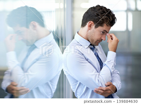 Headache, stress and business man with burnout, tired or anxiety for financial crisis in office. Frustrated, depression and serious professional with fatigue, thinking or fail with regret for mistake Headache, stress and business man with burnout, tired or anxiety for financial crisis in office. Frustrated, depression and serious professional with fatigue, thinking or fail with regret for mistake 139884630