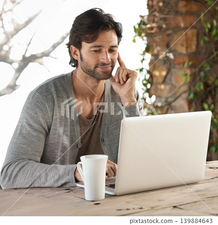 Businessman, laptop and reading or research outdoor with remote work, coffee and freelance writer. Entrepreneur, person and face or technology for relax, typing and online planning in nature at cafe Businessman, laptop and reading or research outdoor with remote work, coffee and freelance writer. Entrepreneur, person and face or technology for relax, typing and online planning in nature at cafe 139884643