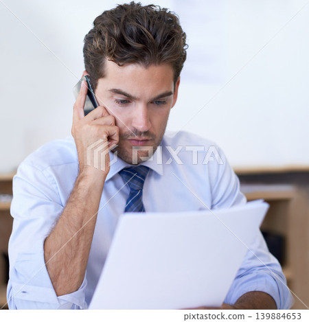 Businessman, office and contract with computer, phone call and technology for communication. Accountant, smartphone and document for discussion, information and working with company or startup Businessman, office and contract with computer, phone call and technology for communication. Accountant, smartphone and document for discussion, information and working with company or startup 139884653