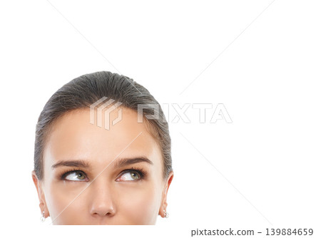 Woman, face and thinking of idea in decision, choice or brainstorming on a white studio background. Closeup of female person in wonder, thought or dream for opinion, vote or selection on mockup space Woman, face and thinking of idea in decision, choice or brainstorming on a white studio background. Closeup of female person in wonder, thought or dream for opinion, vote or selection on mockup space 139884659