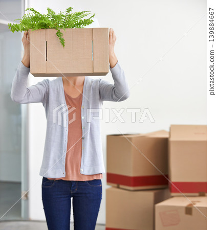 Box covering face, business and woman with fun, startup and shy with cardboard and management. New beginning, person and entrepreneur with plants and achievement with opportunity and professional Box covering face, business and woman with fun, startup and shy with cardboard and management. New beginning, person and entrepreneur with plants and achievement with opportunity and professional 139884667