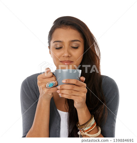 Coffee, aroma and Indian woman with break, smelling and model isolated on a white studio background. Person, happy and girl with a fresh cup of tea and cappuccino with mug, gratitude and relaxing Coffee, aroma and Indian woman with break, smelling and model isolated on a white studio background. Person, happy and girl with a fresh cup of tea and cappuccino with mug, gratitude and relaxing 139884691
