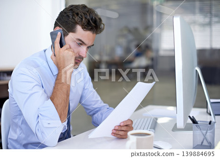 Businessman, reading and office for phone call, listening and computer in professional workspace. Male person, pc and research for startup, mobile and entrepreneur for career and project management Businessman, reading and office for phone call, listening and computer in professional workspace. Male person, pc and research for startup, mobile and entrepreneur for career and project management 139884695