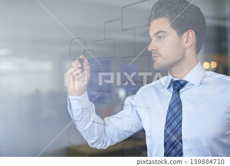 Businessman, strategy and mindmap on glass wall for brainstorming, planning and vision in office. Idea, thinking and professional man with drawing for analysis, innovation and problem solving Businessman, strategy and mindmap on glass wall for brainstorming, planning and vision in office. Idea, thinking and professional man with drawing for analysis, innovation and problem solving 139884710