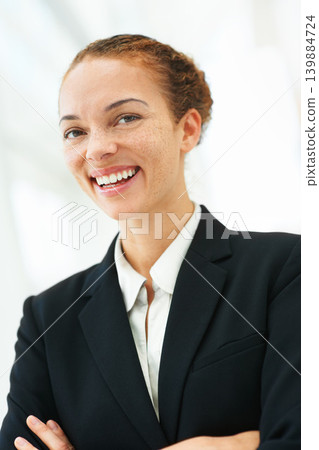 Happy, woman and arms crossed in office with professional accountant working in financial company with pride. Person, smile and confidence in corporate accounting firm as business advisory in economy 139884724