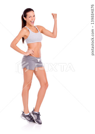 Portrait, exercise and flexing with woman, smile and progress isolated on white studio background. Person, mockup space or strong with model and workout with fitness goals or training with health Portrait, exercise and flexing with woman, smile and progress isolated on white studio background. Person, mockup space or strong with model and workout with fitness goals or training with health 139884876