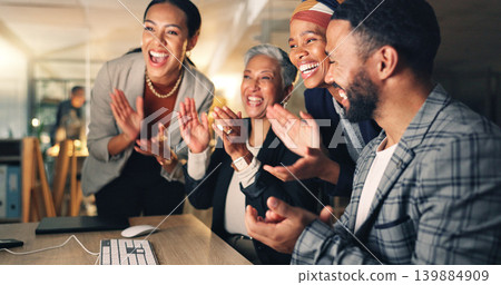 Business people, teamwork applause and computer with collaboration, celebration and web design planning. Working, company win and project success of management group with motivation and cheer for job Business people, teamwork applause and computer with collaboration, celebration and web design planning. Working, company win and project success of management group with motivation and cheer for job 139884909