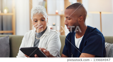 Elderly woman, man and tablet, nurse with patient for health and medical information or help with social media. Support, African caregiver for elderly care and tech, telehealth and how to work app 139884947