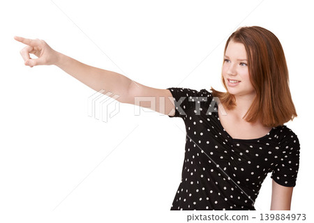 White background, portrait and girl to point, wonder and contemplate with mockup in studio. Confident, gen z teenager or female student with finger, eyes and smile to imagine, announce and show ideas White background, portrait and girl to point, wonder and contemplate with mockup in studio. Confident, gen z teenager or female student with finger, eyes and smile to imagine, announce and show ideas 139884973
