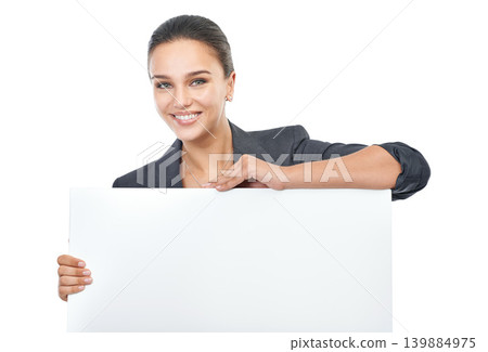 Woman, advertising and billboard with mockup space in studio, portrait and information for market sales. Girl, poster and announcement for promotion, placard and communication with white background Woman, advertising and billboard with mockup space in studio, portrait and information for market sales. Girl, poster and announcement for promotion, placard and communication with white background 139884975