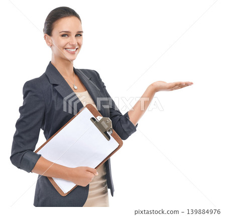 Woman, portrait and corporate with checklist in studio, receptionist and business career with paper. Female secretary, announcement and schedule, show presentation and smile with white background Woman, portrait and corporate with checklist in studio, receptionist and business career with paper. Female secretary, announcement and schedule, show presentation and smile with white background 139884976