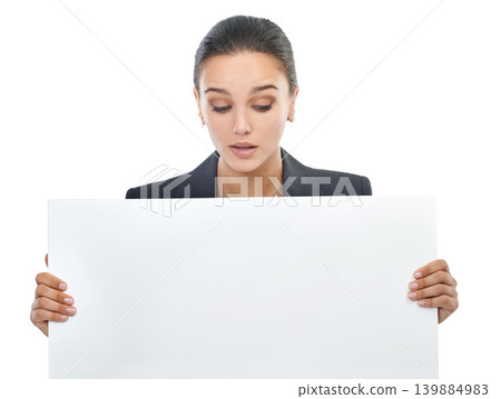 Woman, advertising and placard with mockup space in studio, portrait and information for market sales. Girl, poster and announcement for promotion, billboard and communication with white background Woman, advertising and placard with mockup space in studio, portrait and information for market sales. Girl, poster and announcement for promotion, billboard and communication with white background 139884983