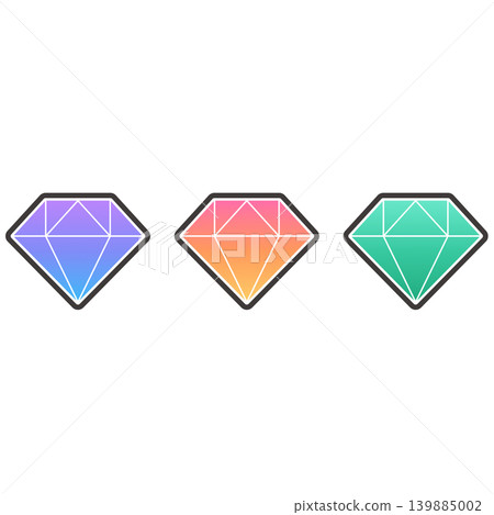 Set of 3 gradient-colored diamond gemstone icons, flat design, white background. 139885002