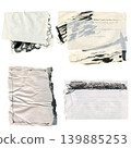 Set of 4 vintage paper and ink collage elements with text scribbles on white background. 139885253