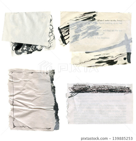 Set of 4 vintage paper and ink collage elements with text scribbles on white background. Set of 4 vintage paper and ink collage elements with text scribbles on white background. 139885253