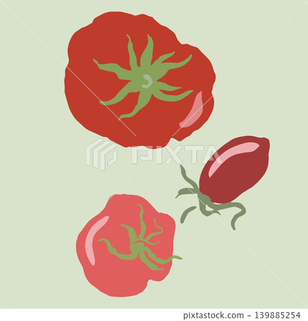 Set of 3 flat vector illustrations of red heirloom tomatoes and cherry tomato on light green background. Set of 3 flat vector illustrations of red heirloom tomatoes and cherry tomato on light green background. 139885254