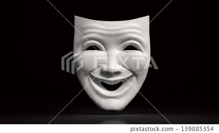 White Smiling Theater Mask in Darkness 3d render. White Smiling Theater Mask in Darkness 3d render. 139885354