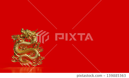 Golden Chinese Dragon On Red Background 3d render. 139885363