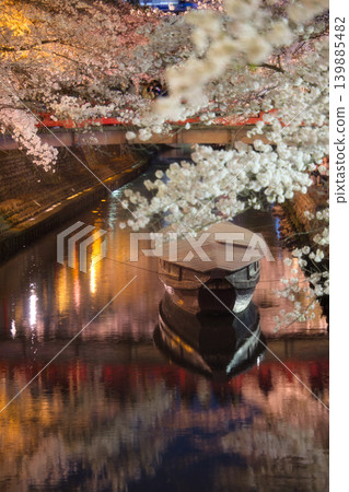 Cherry blossoms illuminated at night, traditional tub boats floating on the water, and a red bridge standing in the background. Cherry blossoms illuminated at night, traditional tub boats floating on the water, and a red bridge standing in the background. 139885482