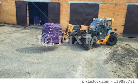 Industrial telescopic handler operating in a distribution yard, heavy machinery technology, logistics engineering study. Industrial telescopic handler operating in a distribution yard, heavy machinery technology, logistics engineering study. 139885751