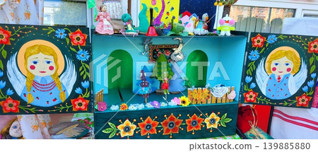 Detailed view of a traditional puppet theater stage with colorful characters, creative storytelling, cultural education. Detailed view of a traditional puppet theater stage with colorful characters, creative storytelling, cultural education. 139885880