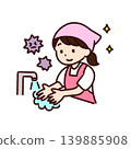 Illustration of a female staff member demonstrating the basics of food hygiene: proper handwashing. 139885908