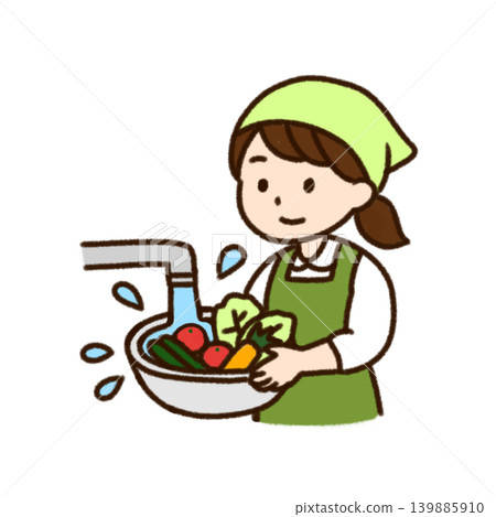 Woman washing vegetables - Food hygiene illustration Woman washing vegetables - Food hygiene illustration 139885910