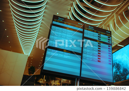 Departure board at airport. Moscow, Russia Departure board at airport. Moscow, Russia 139886842
