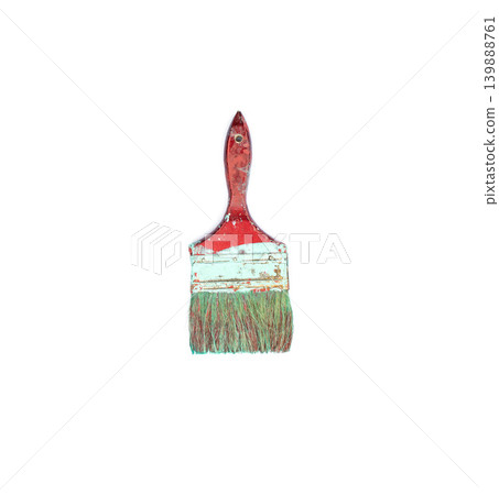 An Old Used Paintbrush with a Weathered Red Wooden Handle and Dried Light Green Paint Residue on Bristles Isolated on a Pure White Background An Old Used Paintbrush with a Weathered Red Wooden Handle and Dried Light Green Paint Residue on Bristles Isolated on a Pure White Background 139888761