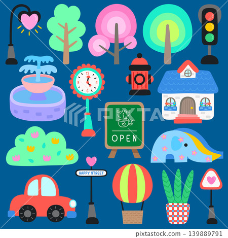 Cute city elements with houses trees vehicle and street signs for map creation Cute city elements with houses trees vehicle and street signs for map creation 139889791