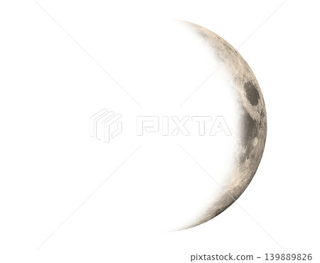 Crescent moon phase with visible craters and surface details Crescent moon phase with visible craters and surface details 139889826