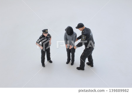 Officers surrounding suspect under custody in scene Officers surrounding suspect under custody in scene 139889982