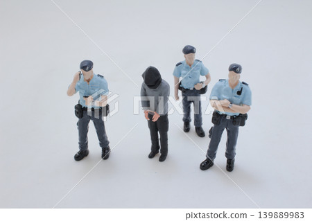 Officers surrounding suspect under custody in scene Officers surrounding suspect under custody in scene 139889983