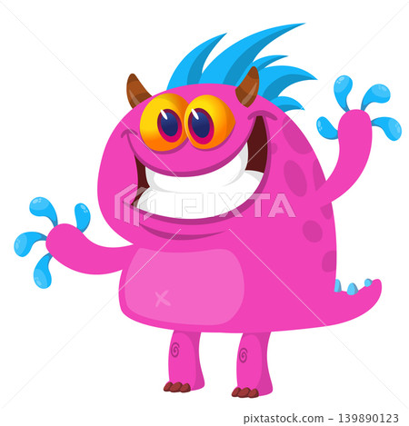 Cartoon scary monster with funny face expression waving hands . Vector illustration isolated on white. Halloween design Cartoon scary monster with funny face expression waving hands . Vector illustration isolated on white. Halloween design 139890123