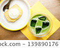 Cup of fresh matcha tea, green tea and glazed lemen cake on wooden table. 139890176