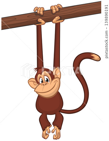 Cartoon funny brown monkey chimpanzee hanging from the wood branch. Vector illustration isolated on white Cartoon funny brown monkey chimpanzee hanging from the wood branch. Vector illustration isolated on white 139890191