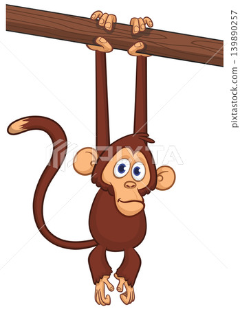 Cartoon funny brown monkey chimpanzee hanging from the wood branch. Vector illustration isolated on white Cartoon funny brown monkey chimpanzee hanging from the wood branch. Vector illustration isolated on white 139890257