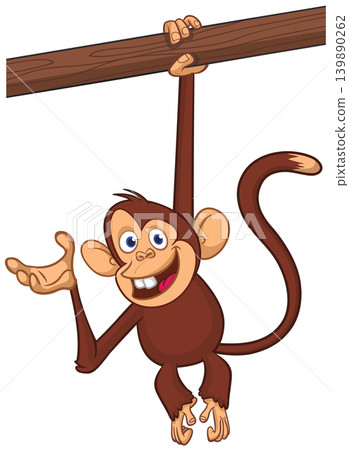 Cartoon funny brown monkey chimpanzee hanging from the wood branch. Vector illustration isolated on white Cartoon funny brown monkey chimpanzee hanging from the wood branch. Vector illustration isolated on white 139890262