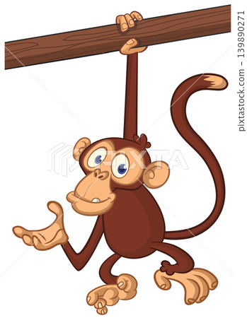 Cartoon funny brown monkey chimpanzee hanging from the wood branch. Vector illustration isolated on white 139890271