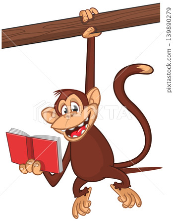 Cartoon funny brown monkey chimpanzee reading red book. Vector illustration isolated on white Cartoon funny brown monkey chimpanzee reading red book. Vector illustration isolated on white 139890279