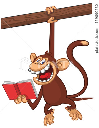 Cartoon funny brown monkey chimpanzee reading red book. Vector illustration isolated on white Cartoon funny brown monkey chimpanzee reading red book. Vector illustration isolated on white 139890280